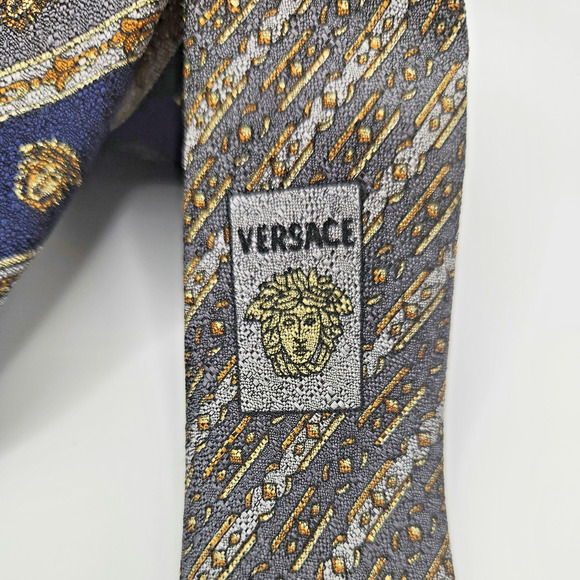 Gianni Versace Vintage Silk Medusa Tie Navy Gray Gold - Picture 3 of 10